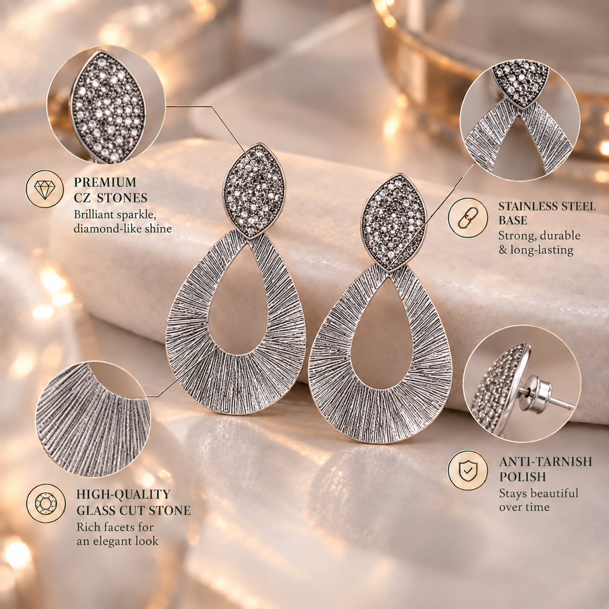 Star Bloom- Metallic stone studded Dangler earrings