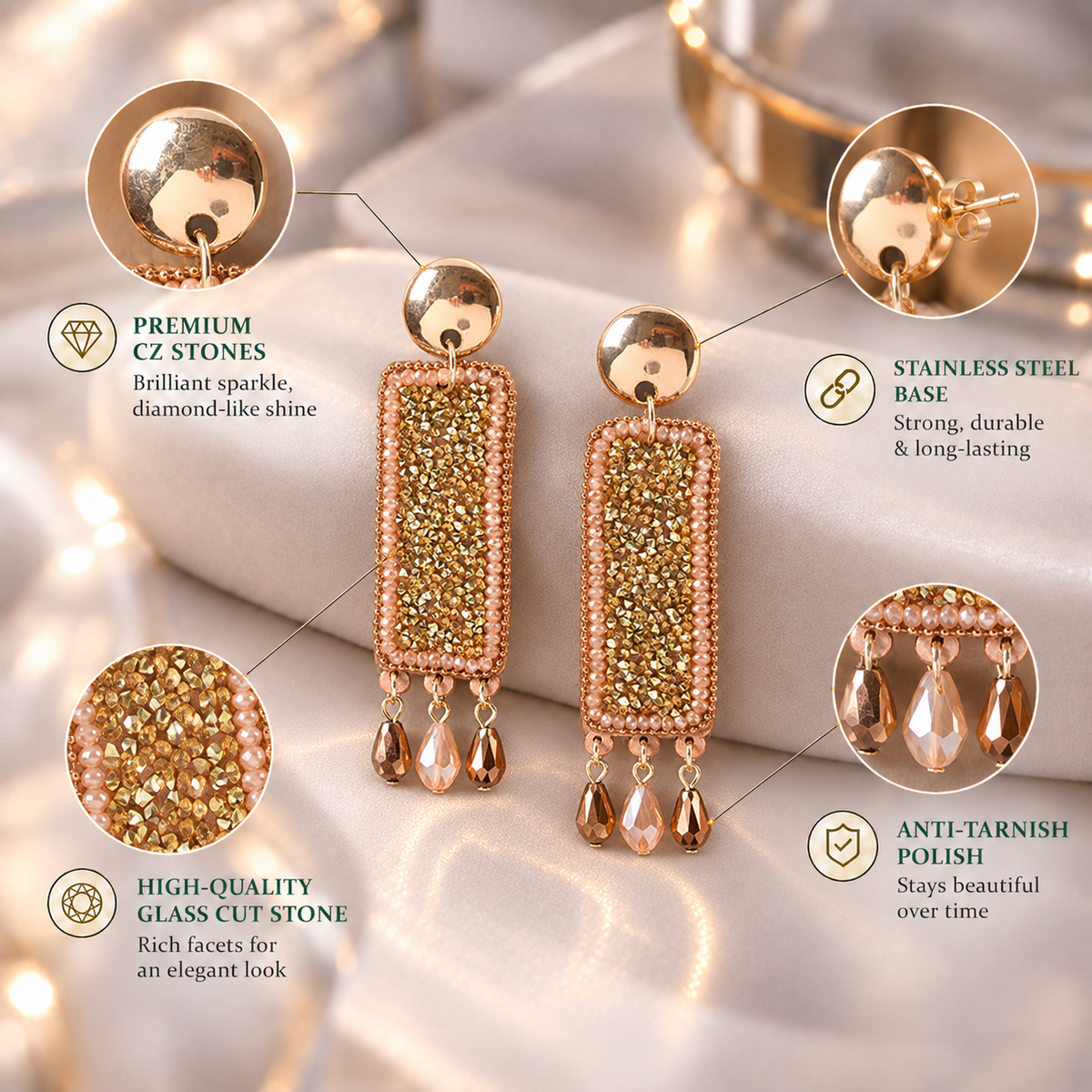Star Weave- Stone studded Dangler earrings(Golden)