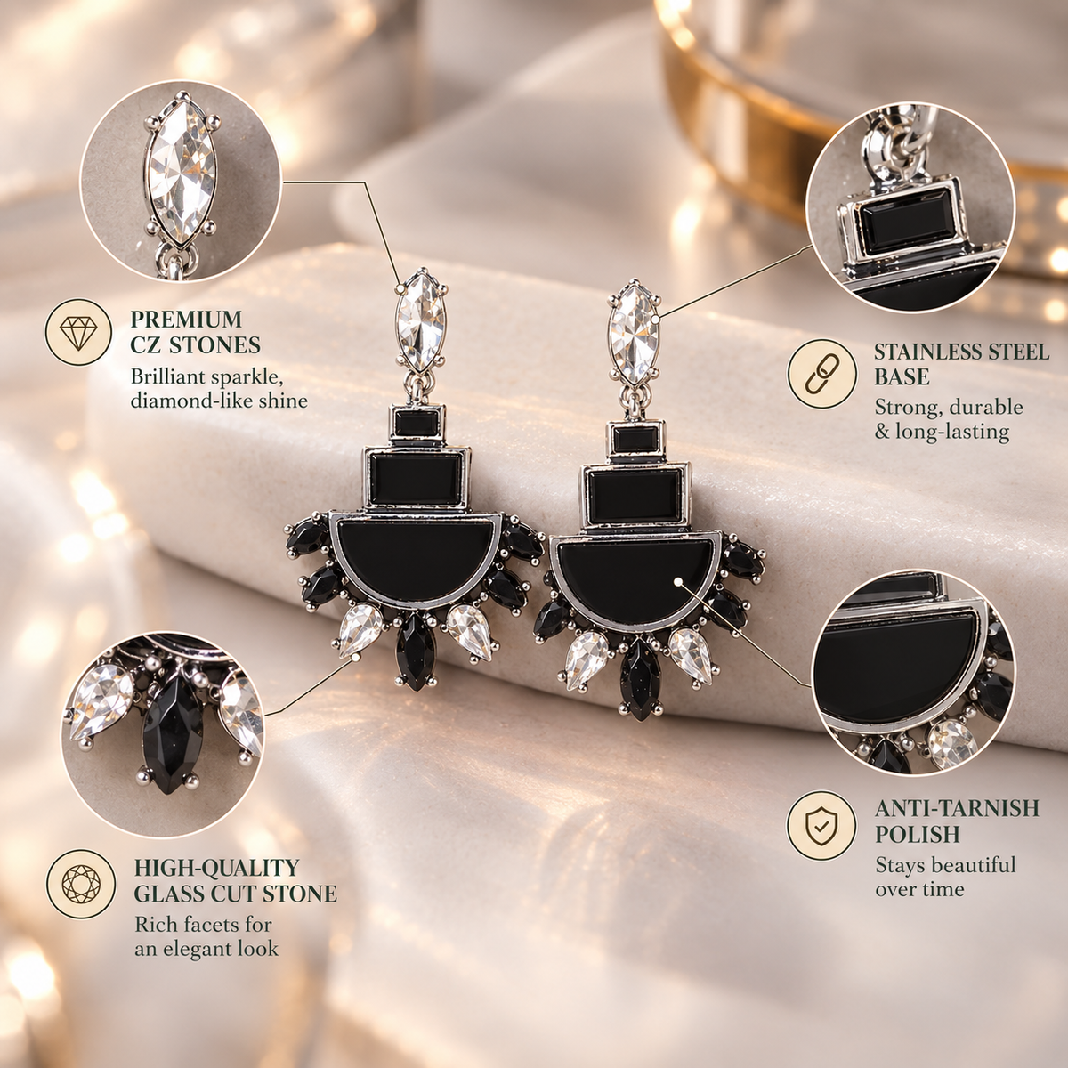 Eclipse Line- Triple Decker Stone Studded Dangler Earrings
