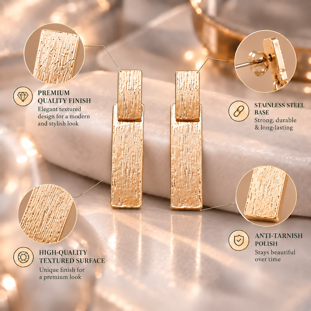 Vine Line- Golden rectangle stud earrings
