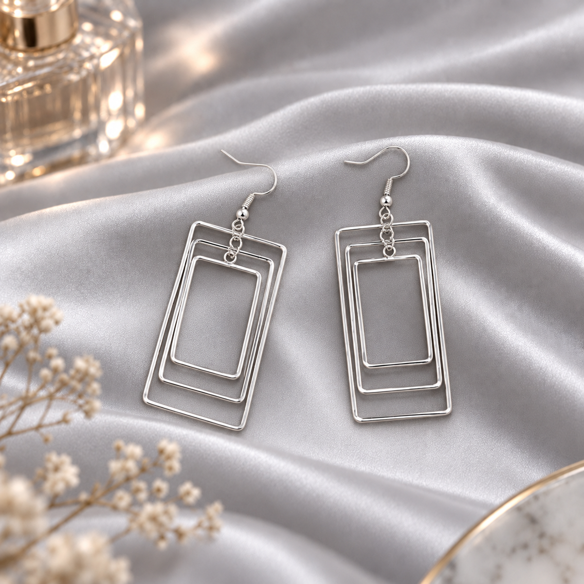 Silver square-  framed dangler earrings