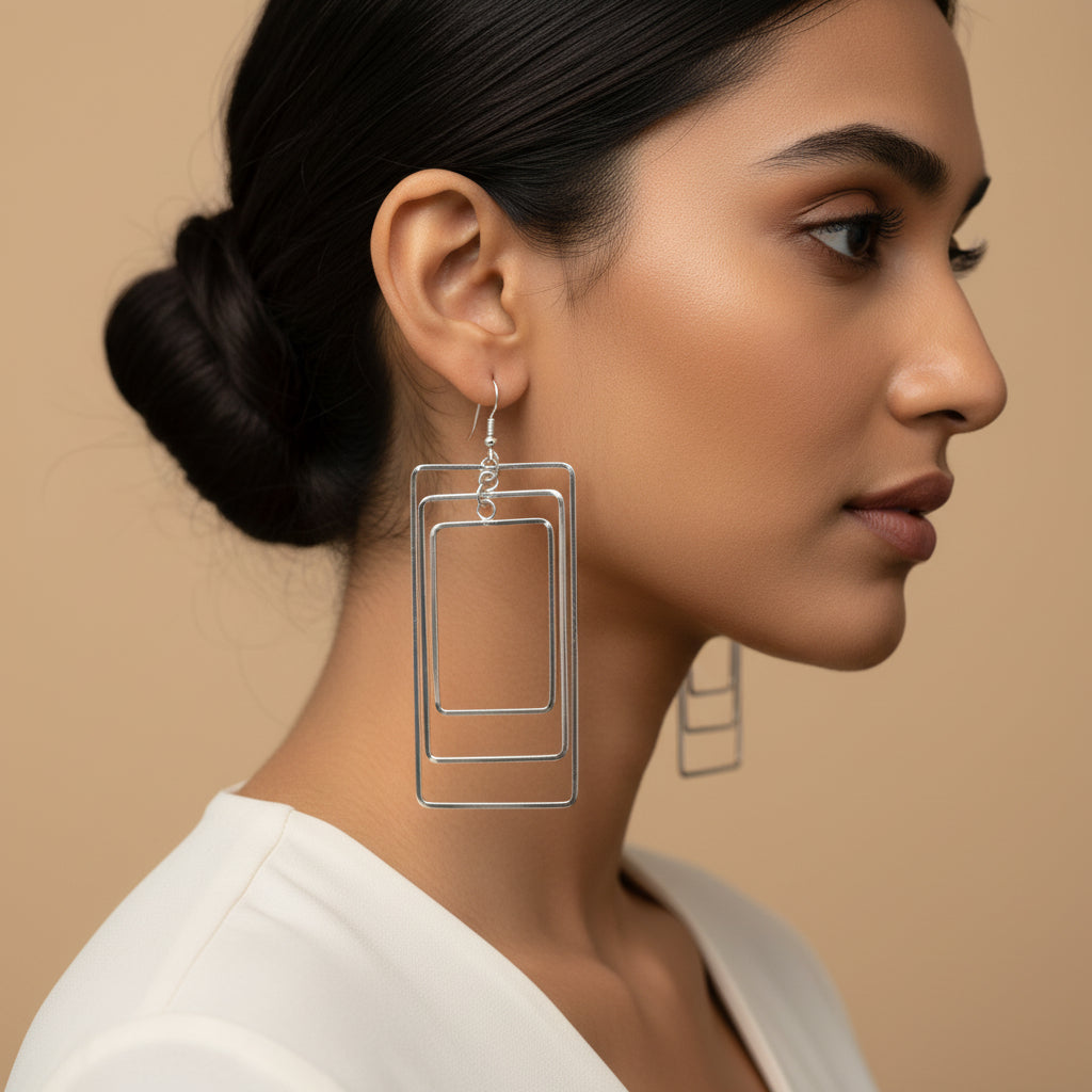 Silver square-  framed dangler earrings