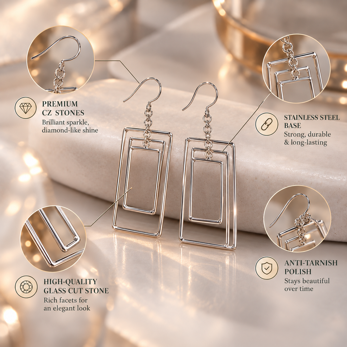 Silver square-  framed dangler earrings