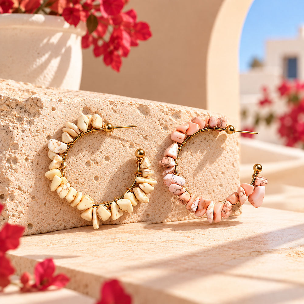 Sweet Shells- Shell stone framed Hoops earrings