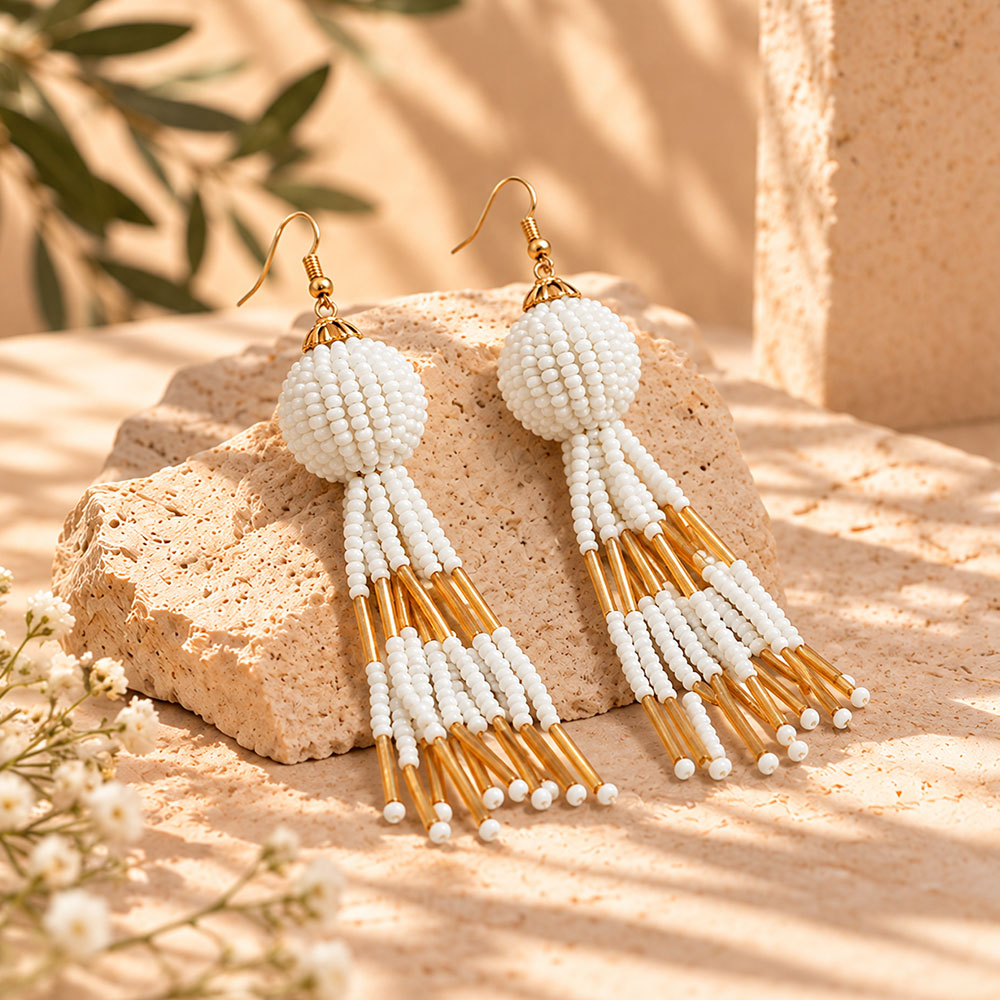 Beaded Ball- Bead studded dangler earrings (White)