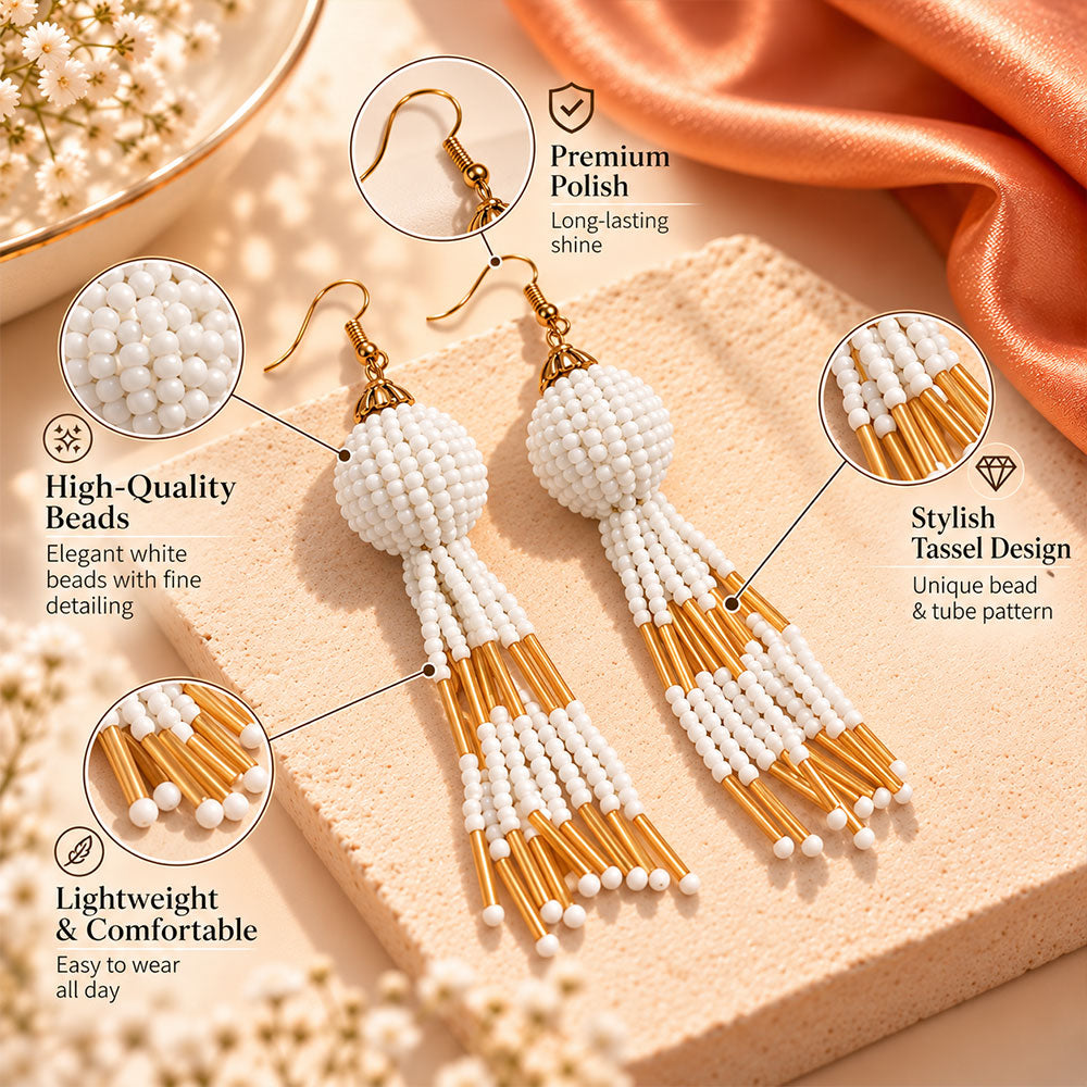 Beaded Ball- Bead studded dangler earrings (White)