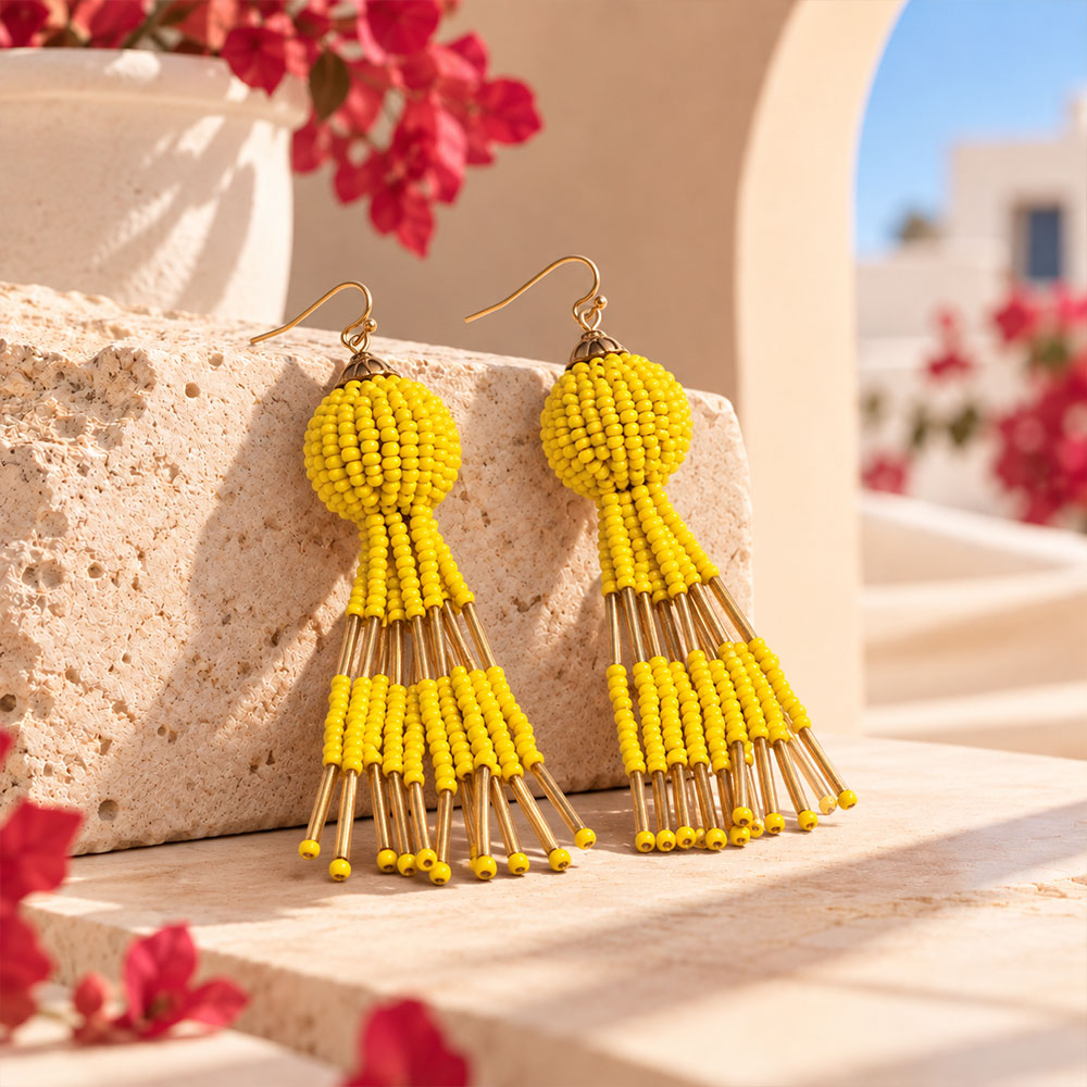 Beaded Ball- Bead studded dangler earrings (Yellow)