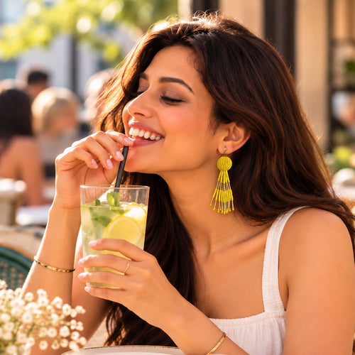 Beaded Ball- Bead studded dangler earrings (Yellow)