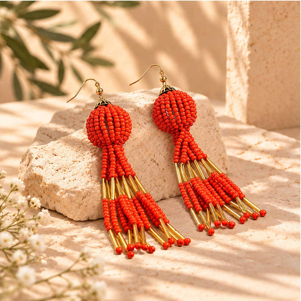 Beaded Ball- Bead studded dangler earrings (Red)