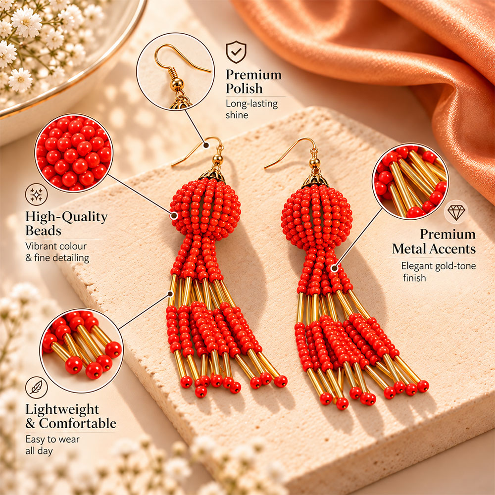 Beaded Ball- Bead studded dangler earrings (Red)