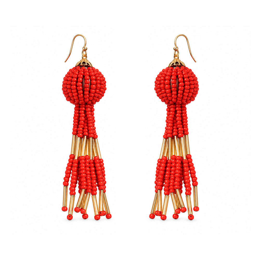 Beaded Ball- Bead studded dangler earrings (Red)