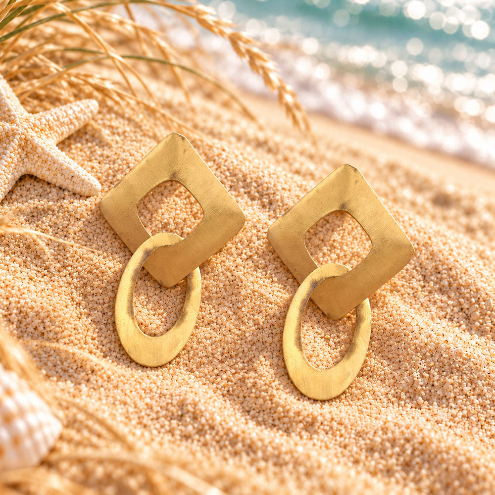 Square Halo- Golen Dangler Earrings