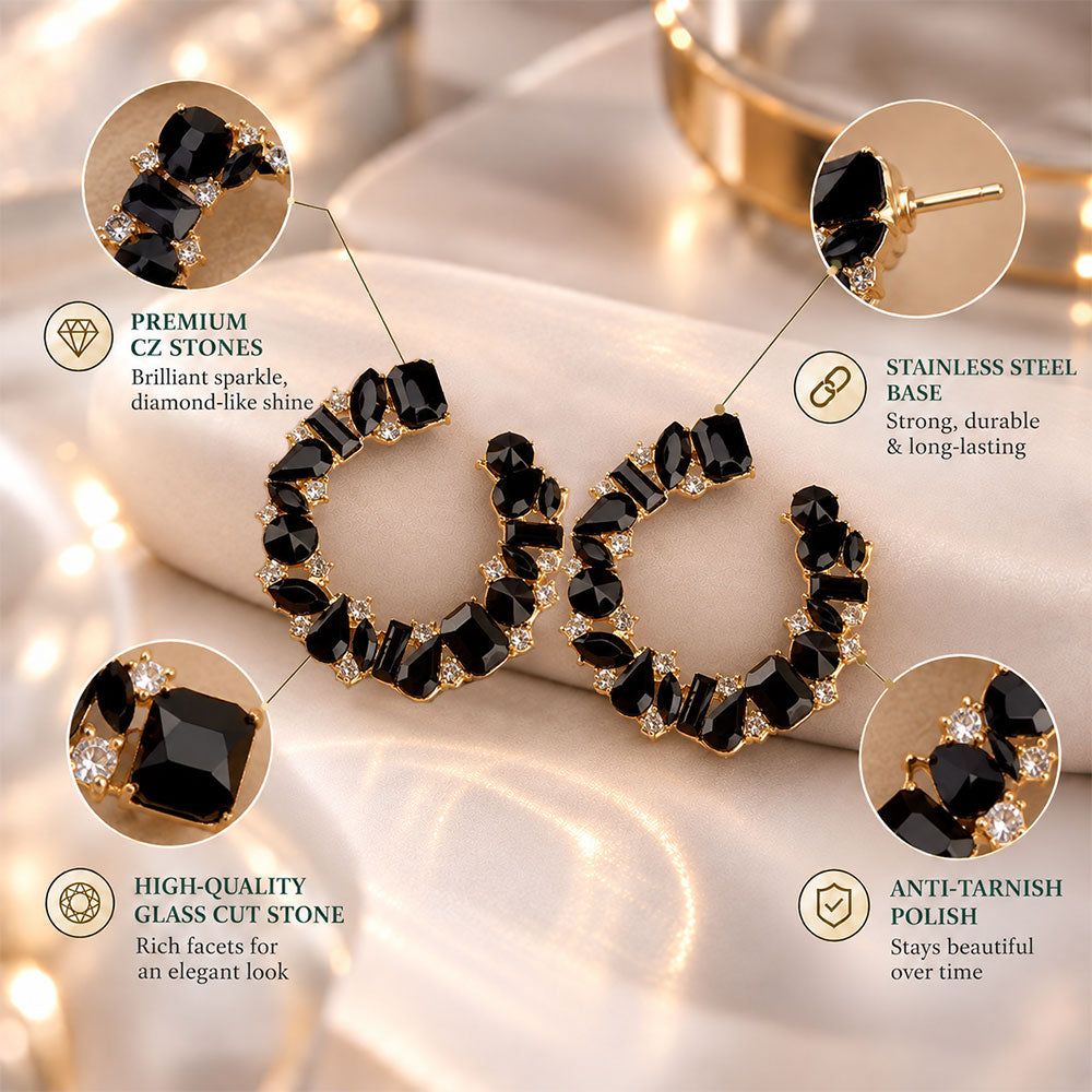 Polish Bead- Stone studded stud earrings(Black)