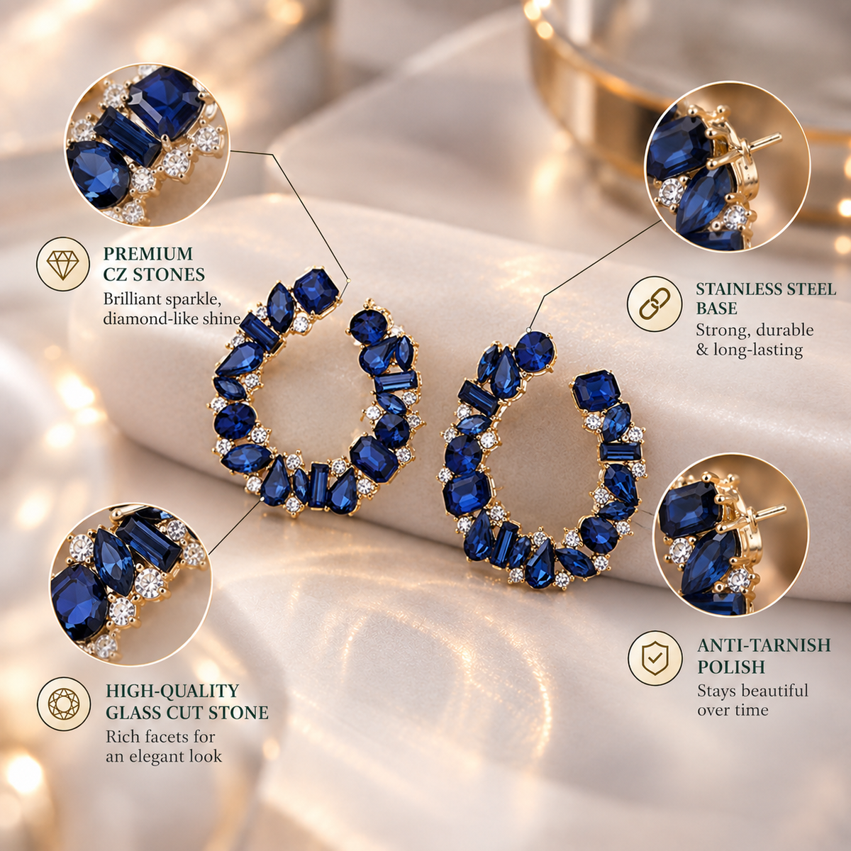 Polish Bead- Stone studded stud earrings(Blue)