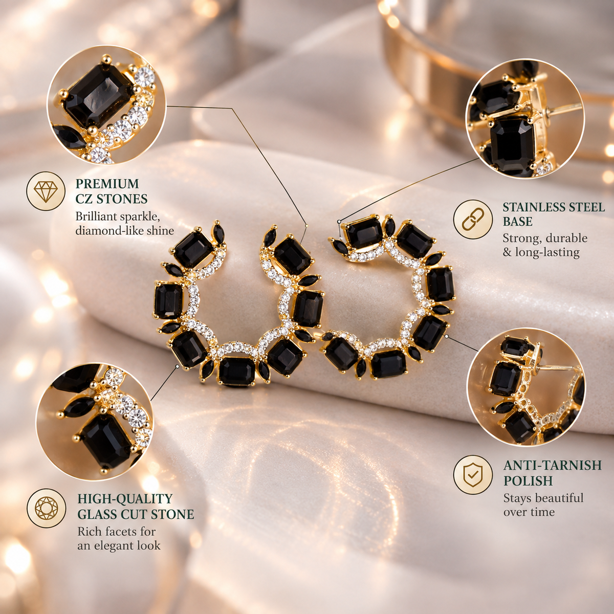 Polish Bead- Stone studded stud earrings(Black)