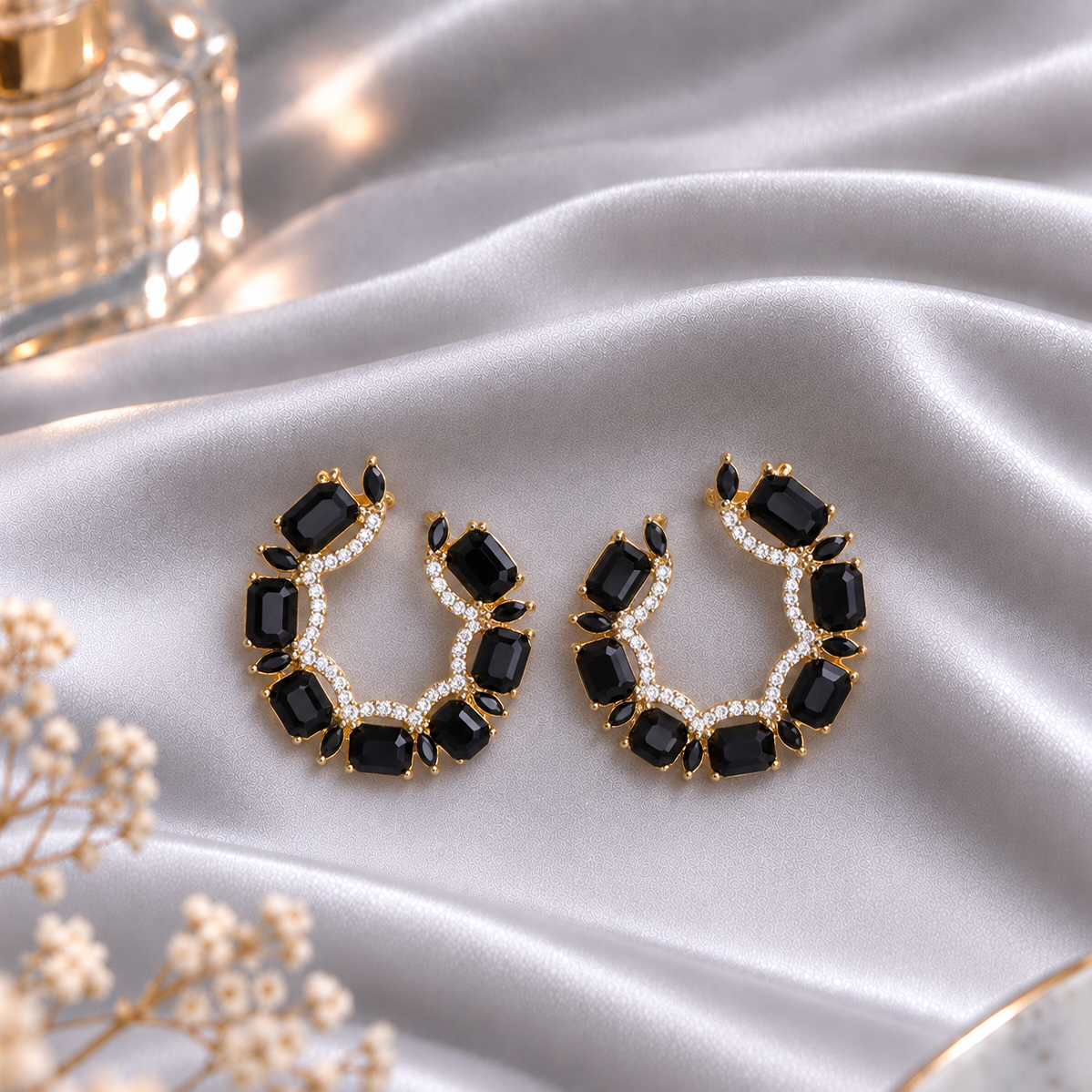 Polish Bead- Stone studded stud earrings(Black)