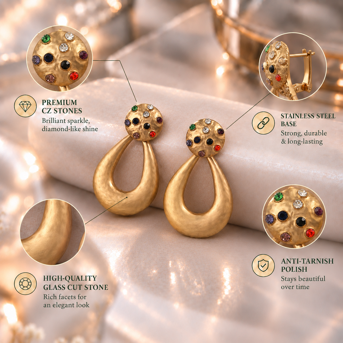 Golden Dynasty- Stone studded Dangler earrings