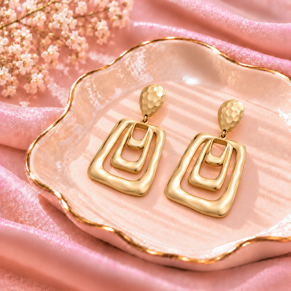 Misty Bloom- Geometrical matte golden dangler earrings