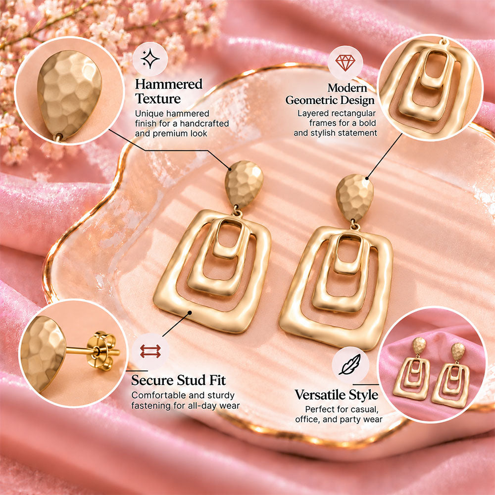 Misty Bloom- Geometrical matte golden dangler earrings