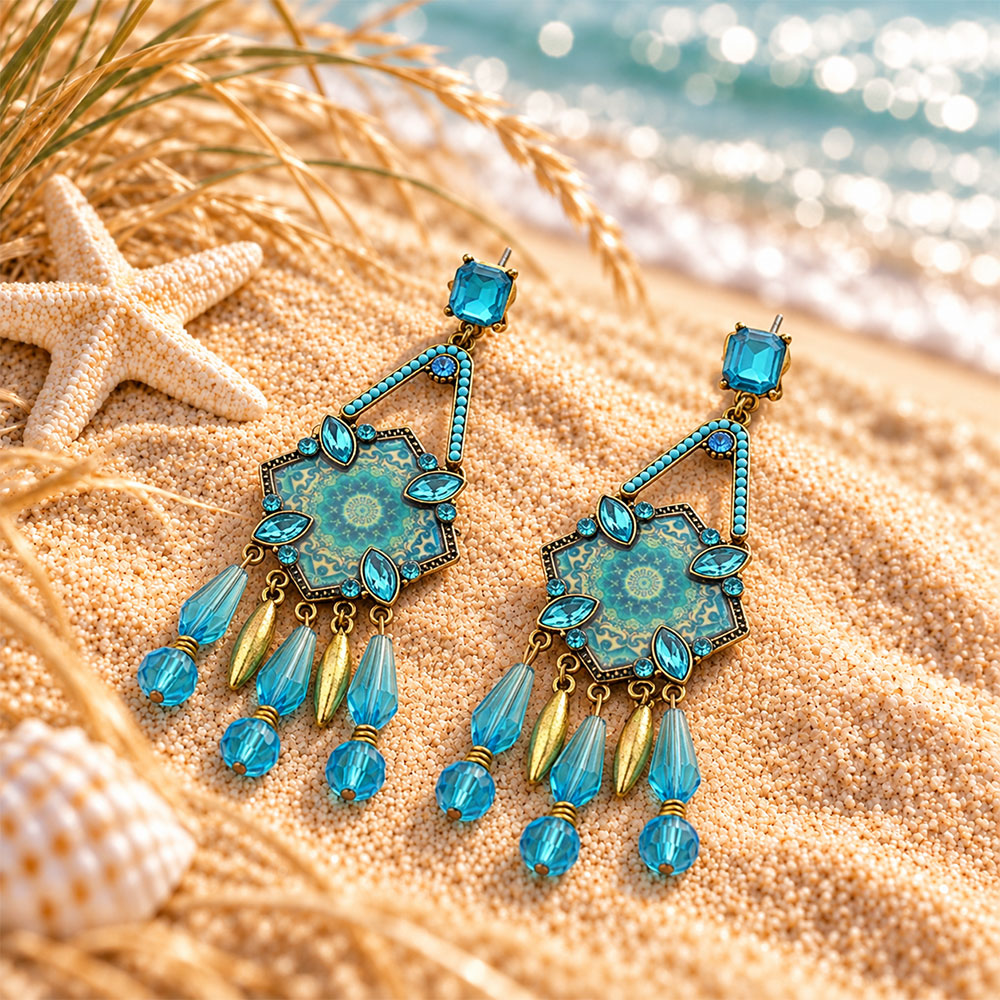 Wonder Waves- Hanging stones hand painted dangler earrings