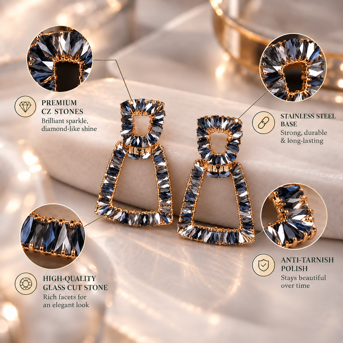 Pop Thread- Stone studded dangler earrings(Black)