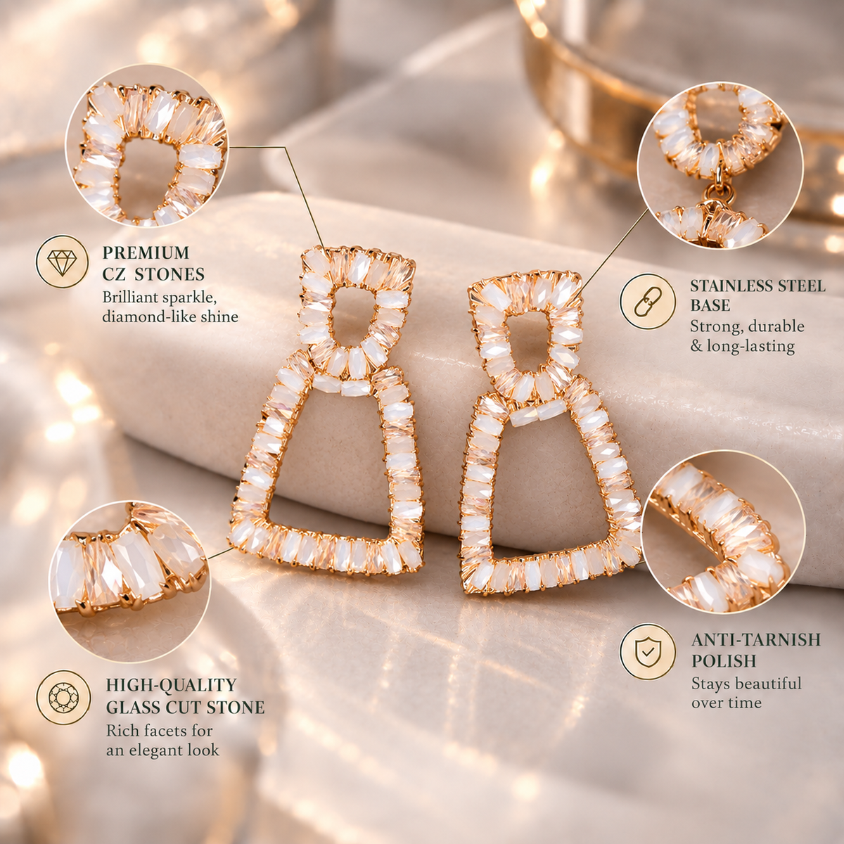 Pop Thread- Stone studded dangler earrings(Baby Pink)