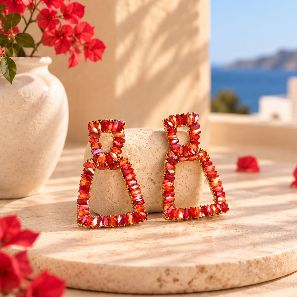 Pop Thread- Stone studded dangler earrings(Red)