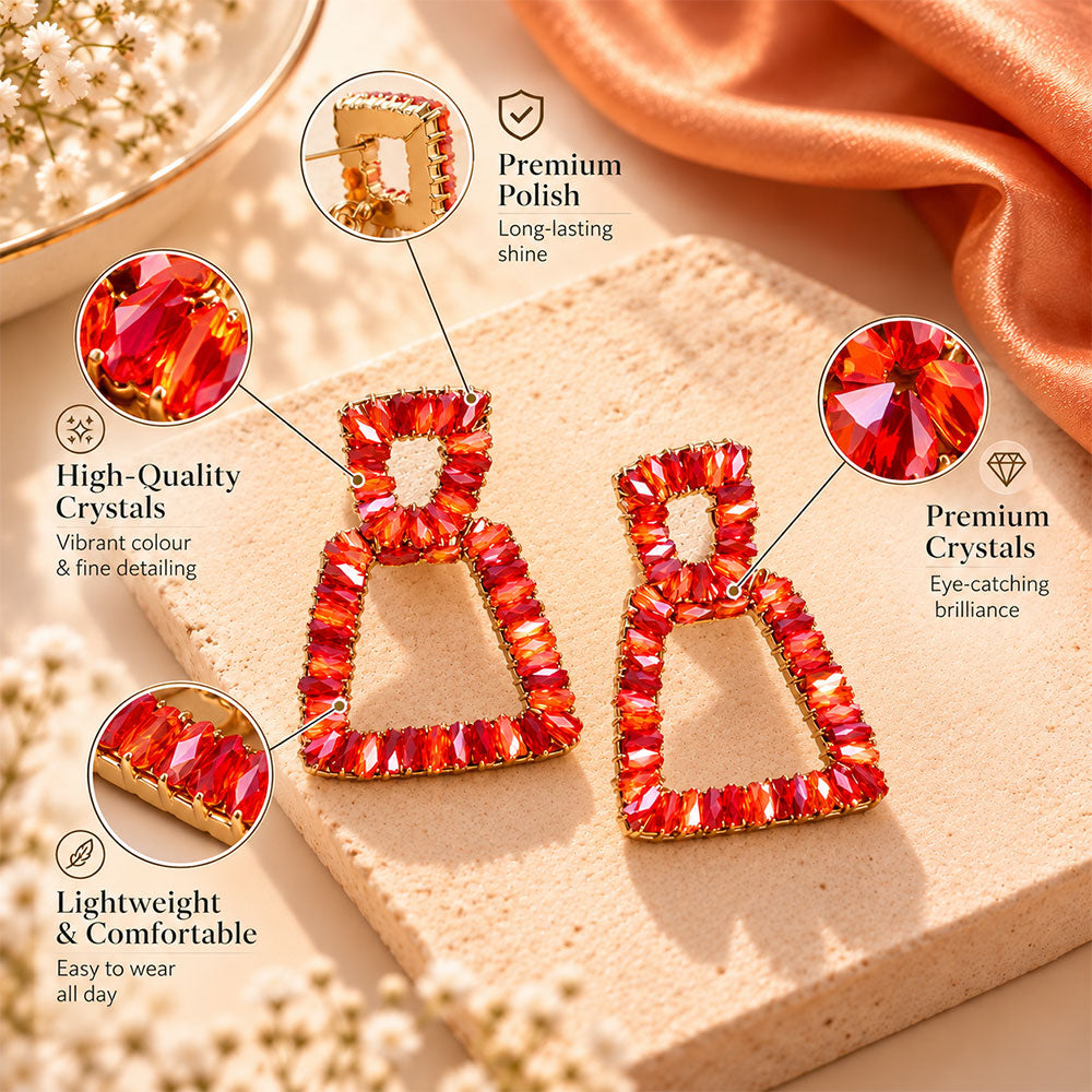 Pop Thread- Stone studded dangler earrings(Red)