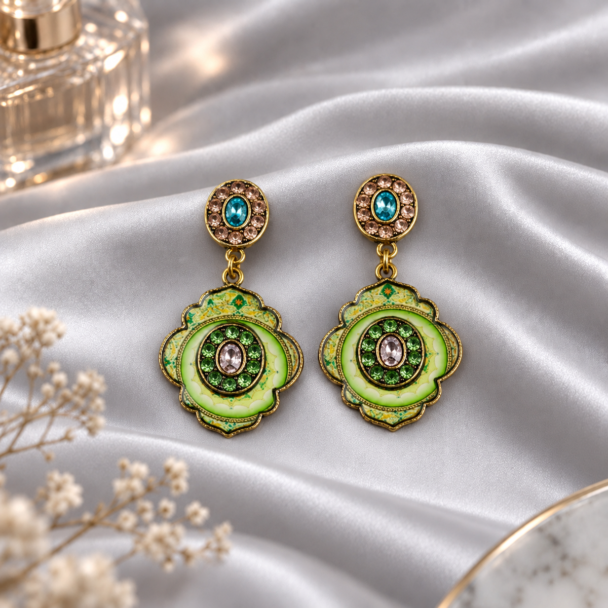 Mystic mirror- Hand painted stone studded dangler earrings
