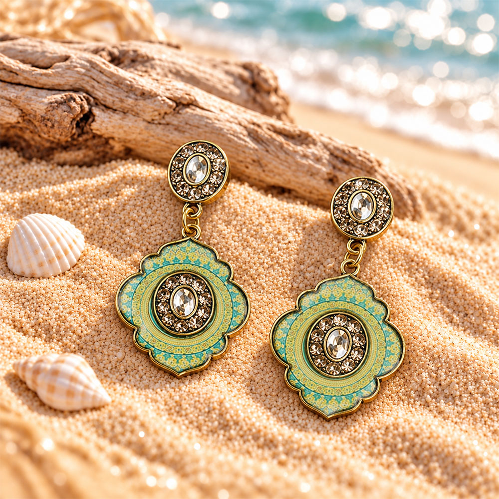 Mystic mirror- Hand painted stone studded dangler earrings
