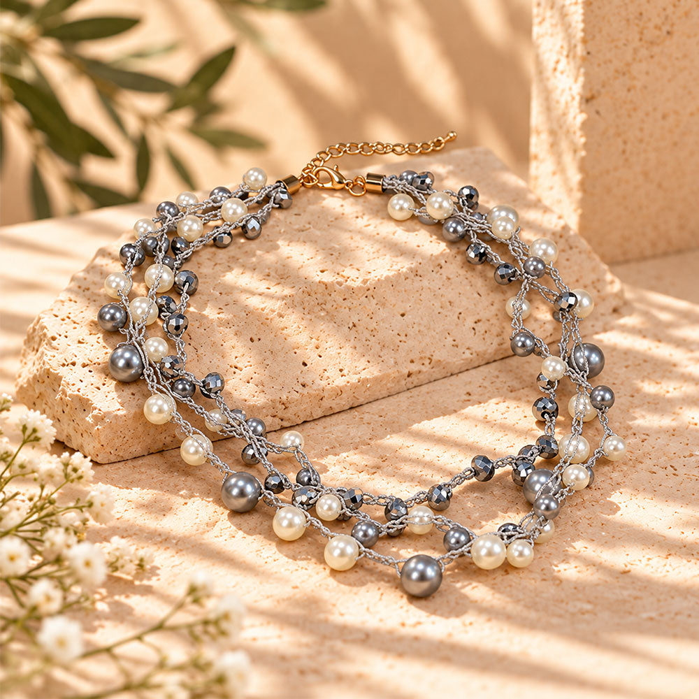 Statement pearls- Pearl studded statement neckpiecegolden  layered necklace