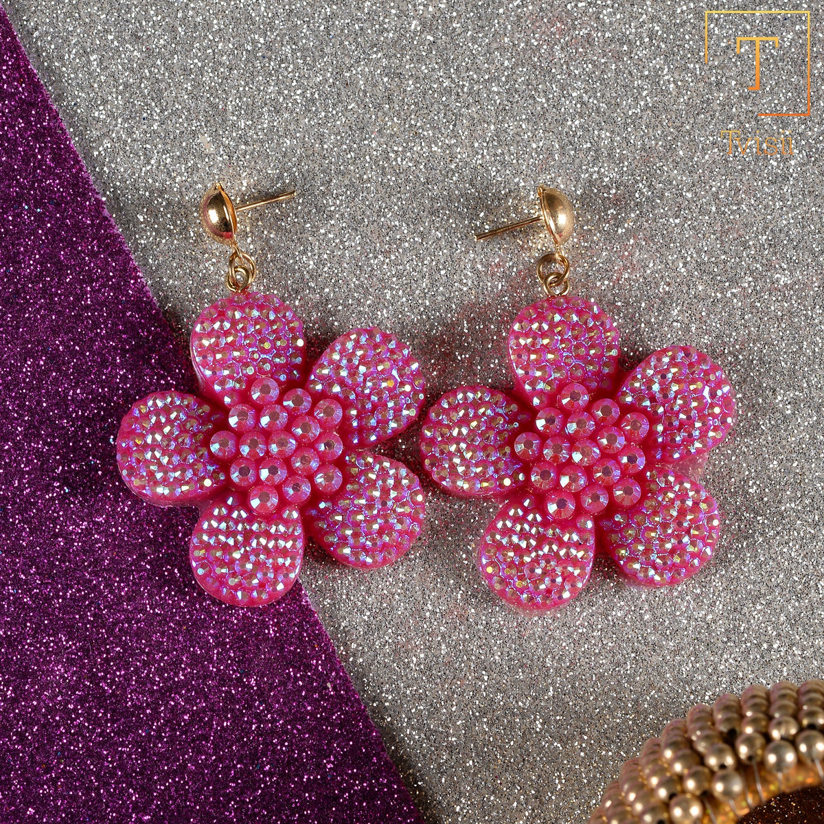 Blush Bloom- Stone studded flower shaped dangler earrings(Purple)